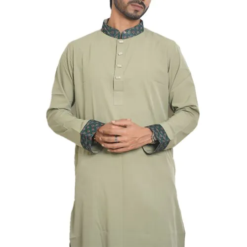 Olive Grace Contrast-Collar Punjabi-L