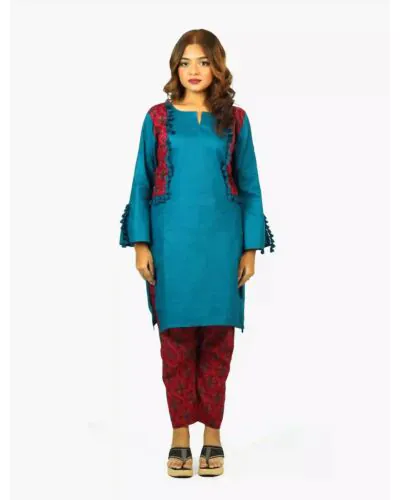 NOORA's Stunning Teal and Maroon 2 Piece Set with Printed Details-S