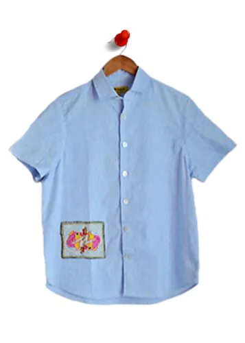 Hand Embroidered Skyline Patchwork Linen Shirt-Sky Blue-XL