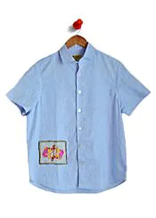 Hand Embroidered Skyline Patchwork Linen Shirt-Sky Blue