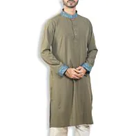 Olive Green Contrast-Collar Punjabi