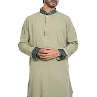 Olive Grace Contrast-Collar Punjabi