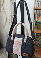 Violet Bag-Denim Navy Blue & Floral Pink Print